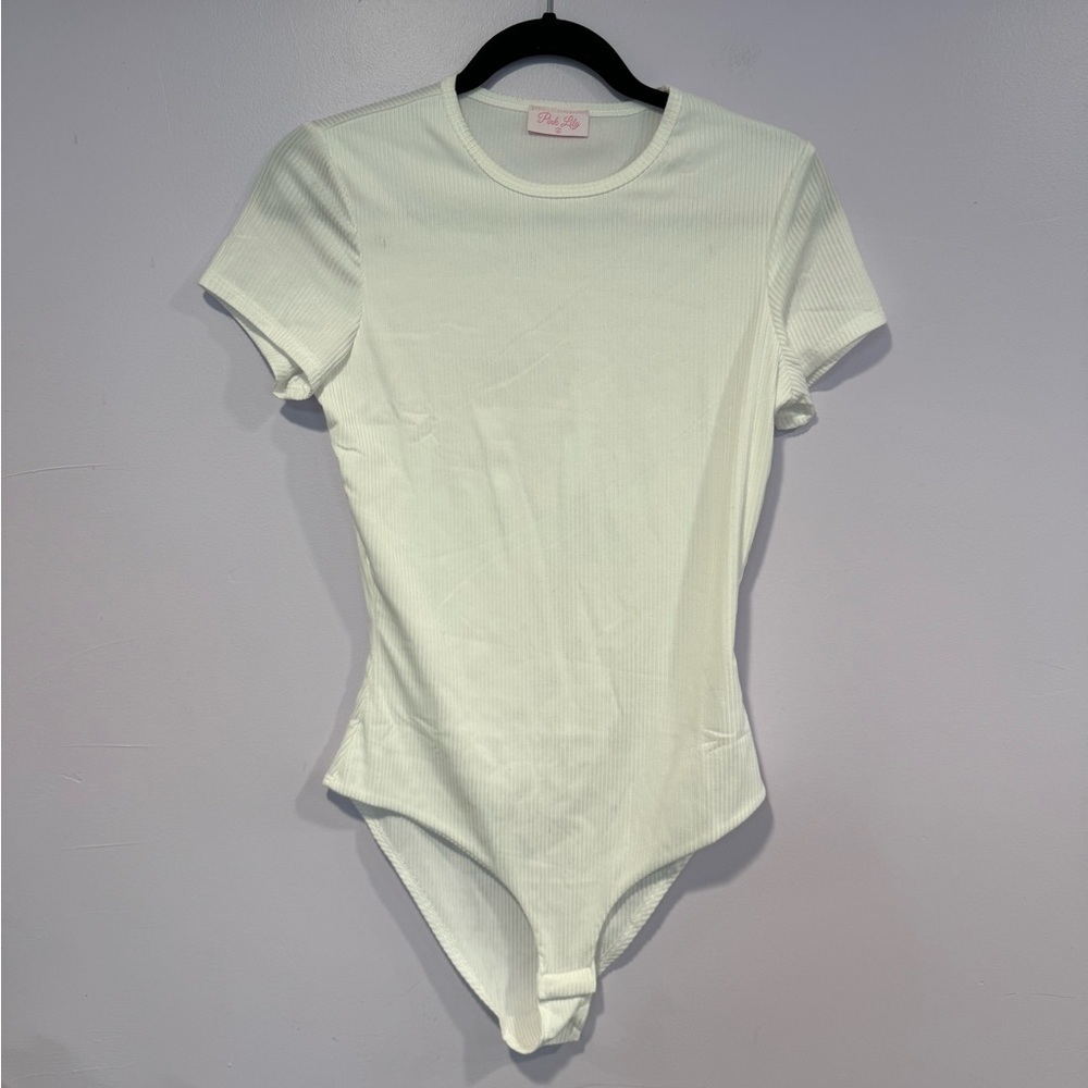 Pink lily white ribbed‎ tshirt bodysuit
